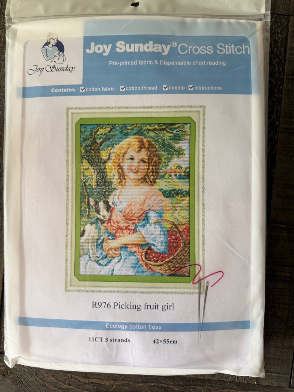 Girl Picking Fruit Joy Sunday Pre-Printed Cross Stitch Kit 11ct Aida - NEW